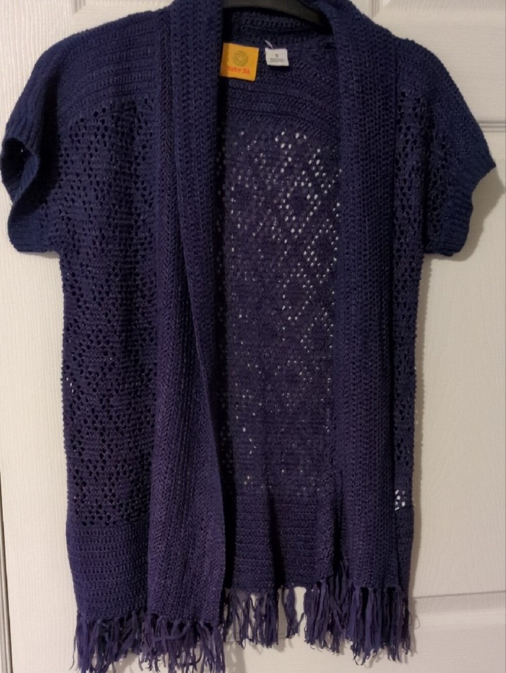 Ruby Rd. Navy Open-Front Crochet Fringe Cardigan - Picture 2 of 9